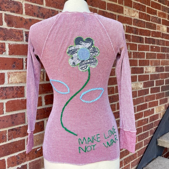 Scanty Brand Burgundy Red Striped Shirt Top Small Embroidered Bohemian Make Love - Picture 1 of 13